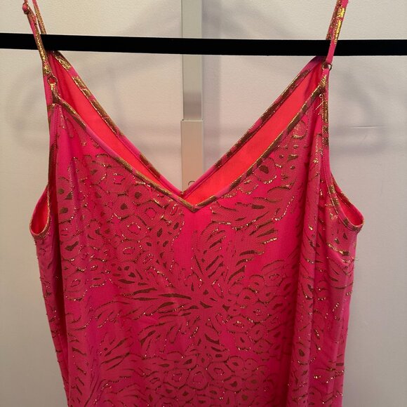 Lily Pulitzer Dress Coral Reef Pineapple Silk Chiffon Metallic Gold Medium NWT - Picture 3 of 10